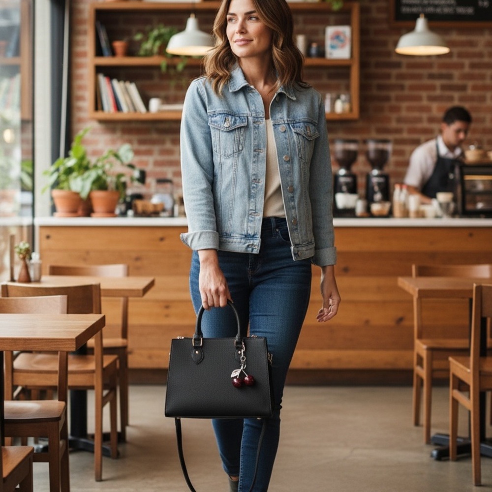 Elegant Black Handbag with Cherry Charm-Vegan Leather - Picture 9 of 10